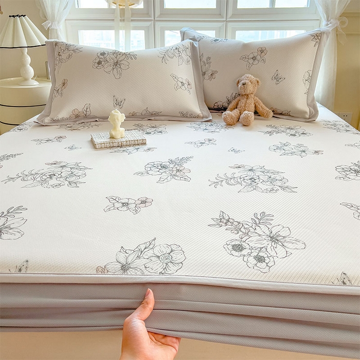 91家纺网 家纺一手货源 找家纺 莱家富 2026新款夏季花卉冰丝床裙席单件夏天冰豆豆A类可机洗学生宿舍空调软席 印花床笠席-花影