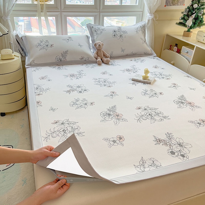 91家纺网 家纺一手货源 找家纺 莱家富 2026新款夏季花卉冰丝床裙席单件夏天冰豆豆A类可机洗学生宿舍空调软席 印花斜纹凉席-花影