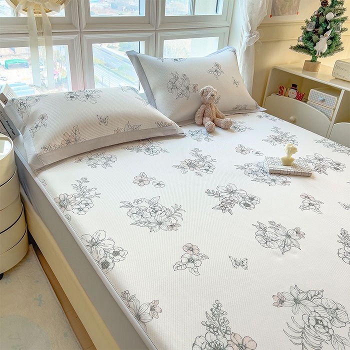 91家纺网 家纺一手货源 找家纺 莱家富 2026新款夏季花卉冰丝床裙席单件夏天冰豆豆A类可机洗学生宿舍空调软席 印花床笠席-花影