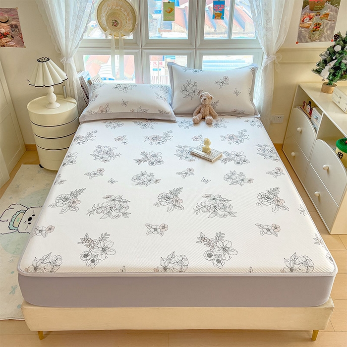 91家纺网 家纺一手货源 找家纺 莱家富 2026新款夏季花卉冰丝床裙席单件夏天冰豆豆A类可机洗学生宿舍空调软席 印花床笠席-花影