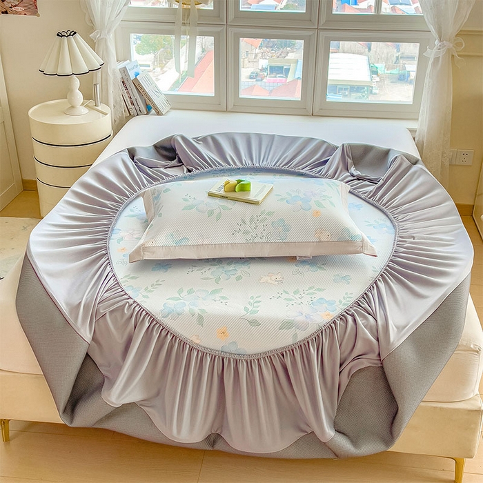 91家纺网 家纺一手货源 找家纺 莱家富 2026新款夏季花卉冰丝床裙席单件夏天冰豆豆A类可机洗学生宿舍空调软席 印花床笠席-春漫庭