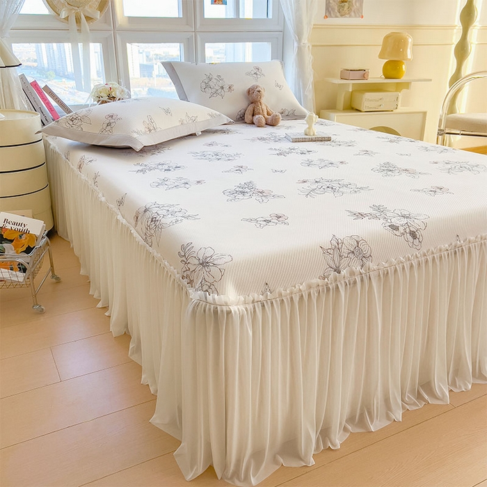 91家纺网 家纺一手货源 找家纺 莱家富 2026新款夏季花卉冰丝床裙席单件夏天冰豆豆A类可机洗学生宿舍空调软席 印花床裙席-花影