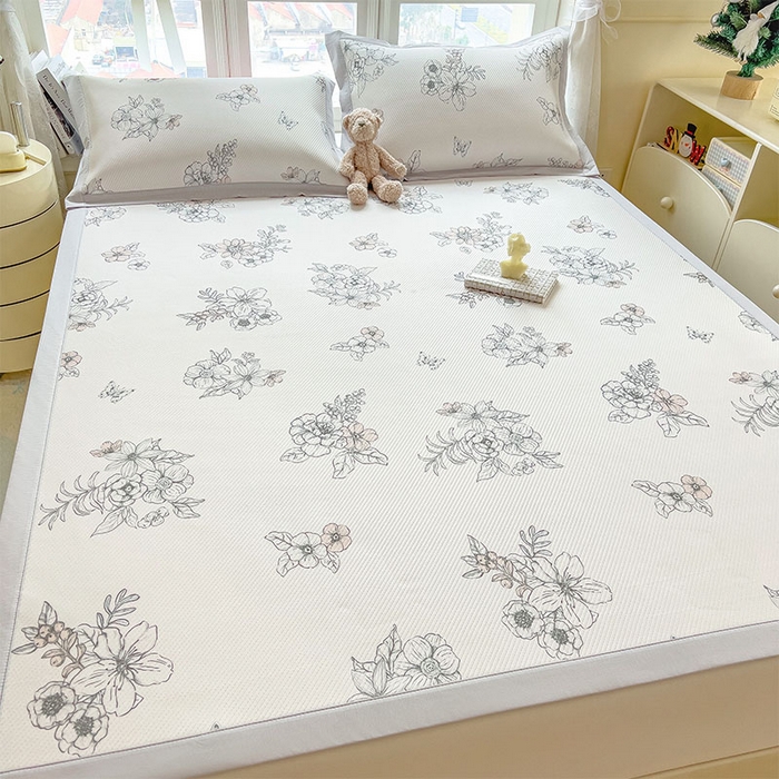 91家纺网 家纺一手货源 找家纺 莱家富 2026新款夏季花卉冰丝床裙席单件夏天冰豆豆A类可机洗学生宿舍空调软席 印花斜纹凉席-花影