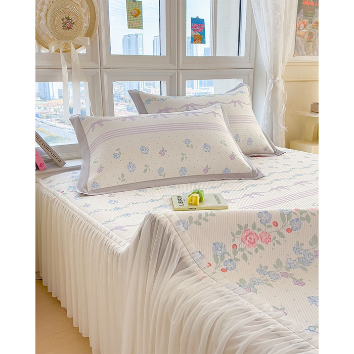 91家纺网 家纺一手货源 找家纺 莱家富 2026新款夏季花卉冰丝床裙席单件夏天冰豆豆A类可机洗学生宿舍空调软席 印花床裙席-田园之家