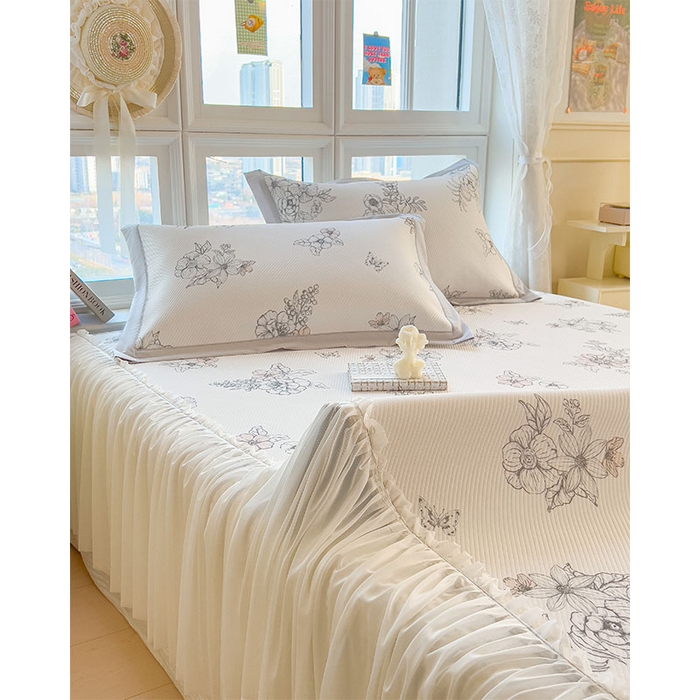 91家纺网 家纺一手货源 找家纺 莱家富 2026新款夏季花卉冰丝床裙席单件夏天冰豆豆A类可机洗学生宿舍空调软席 印花床裙席-花影