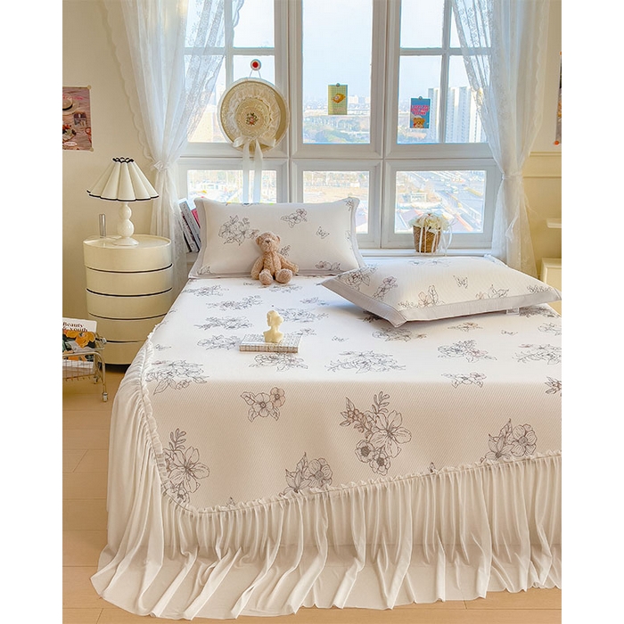 91家纺网 家纺一手货源 找家纺 莱家富 2026新款夏季花卉冰丝床裙席单件夏天冰豆豆A类可机洗学生宿舍空调软席 印花床裙席-花影