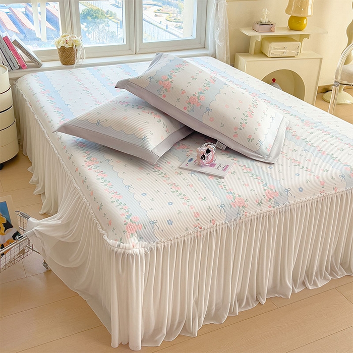 91家纺网 家纺一手货源 找家纺 莱家富 2026新款夏季花卉冰丝床裙席单件夏天冰豆豆A类可机洗学生宿舍空调软席 印花床裙席-花知晓