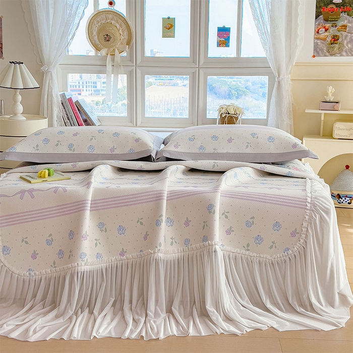 91家纺网 家纺一手货源 找家纺 莱家富 2026新款夏季花卉冰丝床裙席单件夏天冰豆豆A类可机洗学生宿舍空调软席 印花床裙席-田园之家