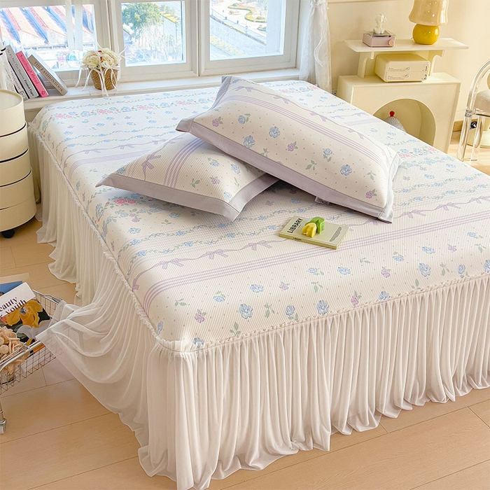 91家纺网 家纺一手货源 找家纺 莱家富 2026新款夏季花卉冰丝床裙席单件夏天冰豆豆A类可机洗学生宿舍空调软席 印花床裙席-田园之家