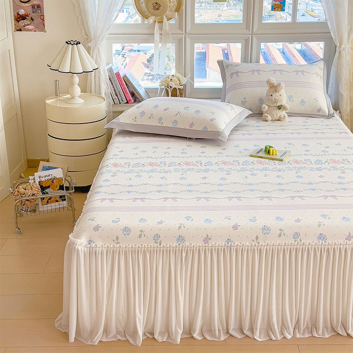 91家纺网 家纺一手货源 找家纺 莱家富 2026新款夏季花卉冰丝床裙席单件夏天冰豆豆A类可机洗学生宿舍空调软席 印花床裙席-田园之家