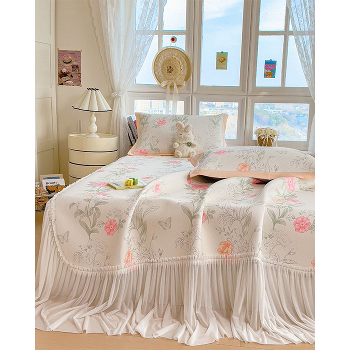 91家纺网 家纺一手货源 找家纺 莱家富 2026新款夏季花卉冰丝床裙席单件夏天冰豆豆A类可机洗学生宿舍空调软席 印花床裙席-牡丹粉