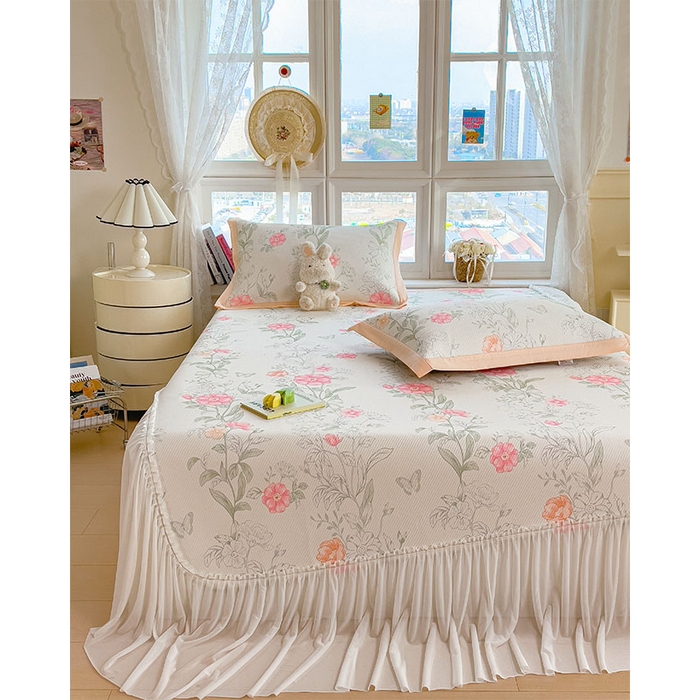 91家纺网 家纺一手货源 找家纺 莱家富 2026新款夏季花卉冰丝床裙席单件夏天冰豆豆A类可机洗学生宿舍空调软席 印花床裙席-牡丹粉