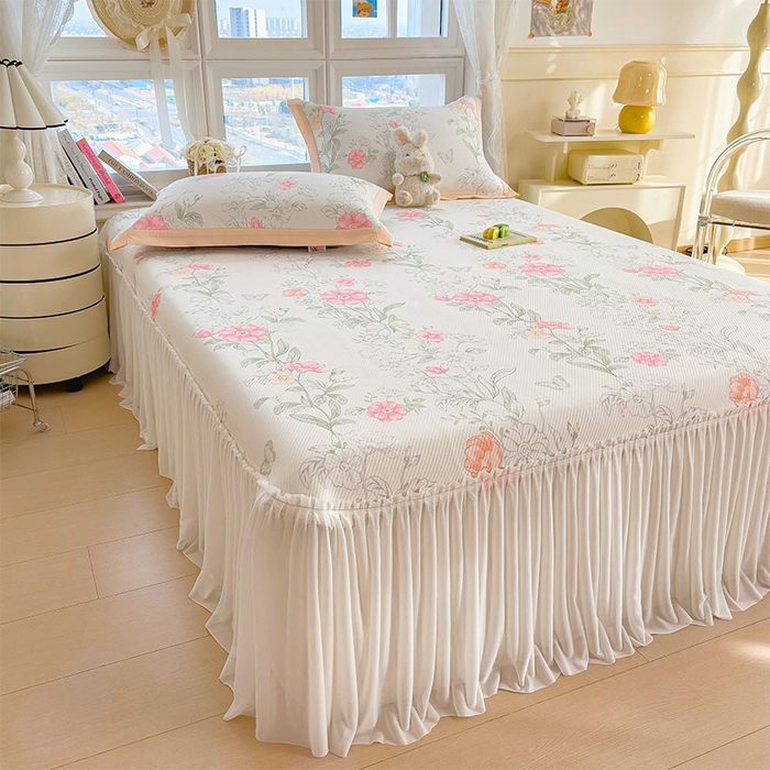 91家纺网 家纺一手货源 找家纺 莱家富 2026新款夏季花卉冰丝床裙席单件夏天冰豆豆A类可机洗学生宿舍空调软席 印花床裙席-牡丹粉