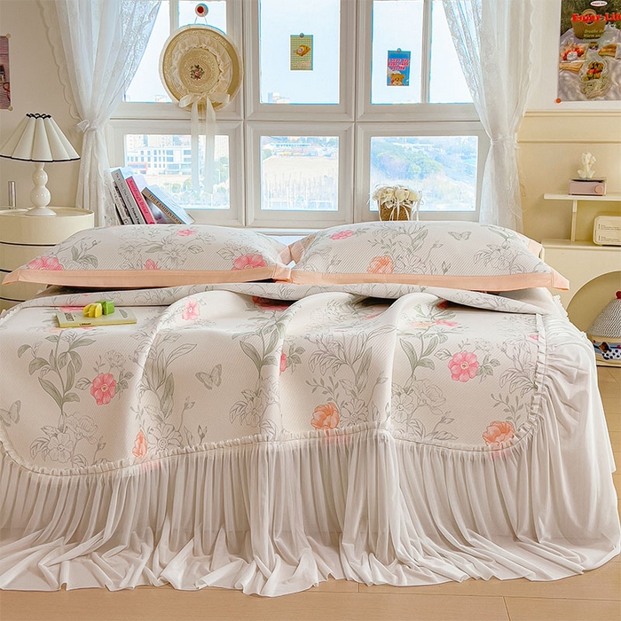 91家纺网 家纺一手货源 找家纺 莱家富 2026新款夏季花卉冰丝床裙席单件夏天冰豆豆A类可机洗学生宿舍空调软席 印花床裙席-牡丹粉