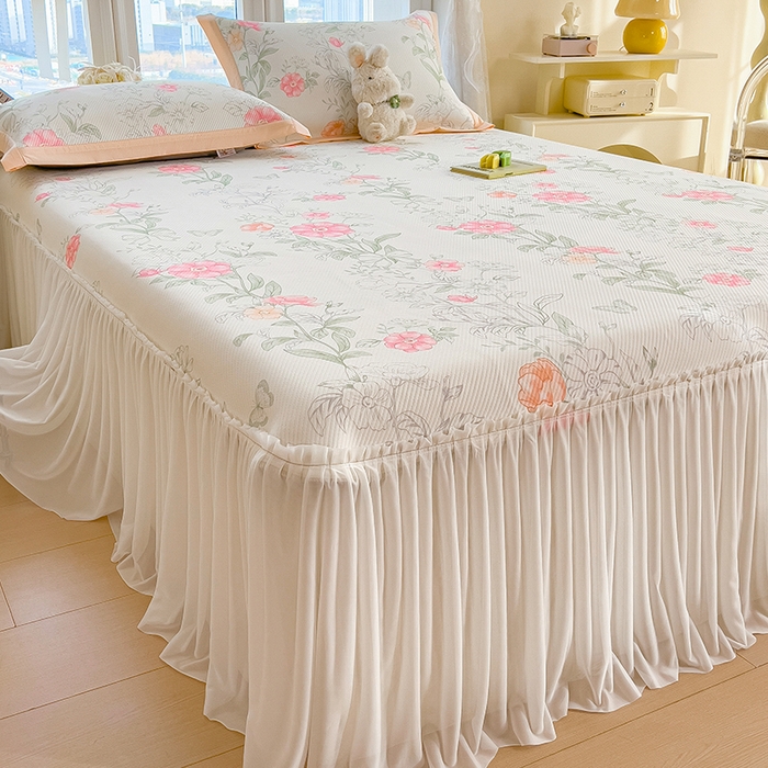 莱家富 2026新款夏季花卉冰丝床裙席单件夏天冰豆豆A类可机洗学生宿舍空调软席 印花床裙席-牡丹粉