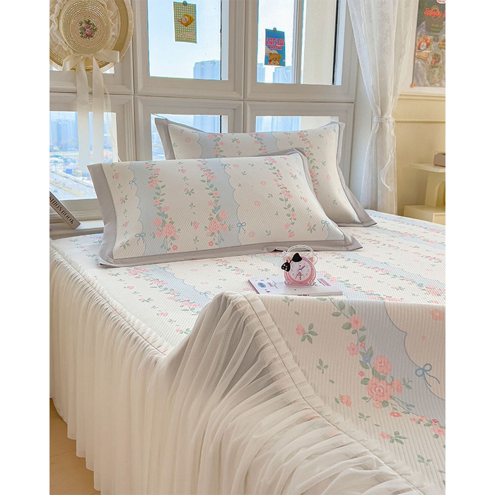 91家纺网 家纺一手货源 找家纺 莱家富 2026新款夏季花卉冰丝床裙席单件夏天冰豆豆A类可机洗学生宿舍空调软席 印花床裙席-花知晓