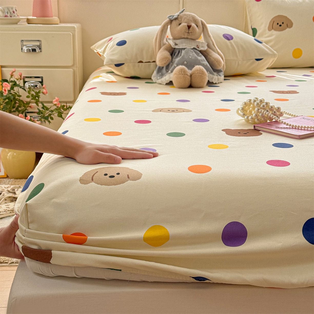 名兮家居 2026春夏新款A类全棉纯棉老粗布床笠 床笠单件 彩色点点熊