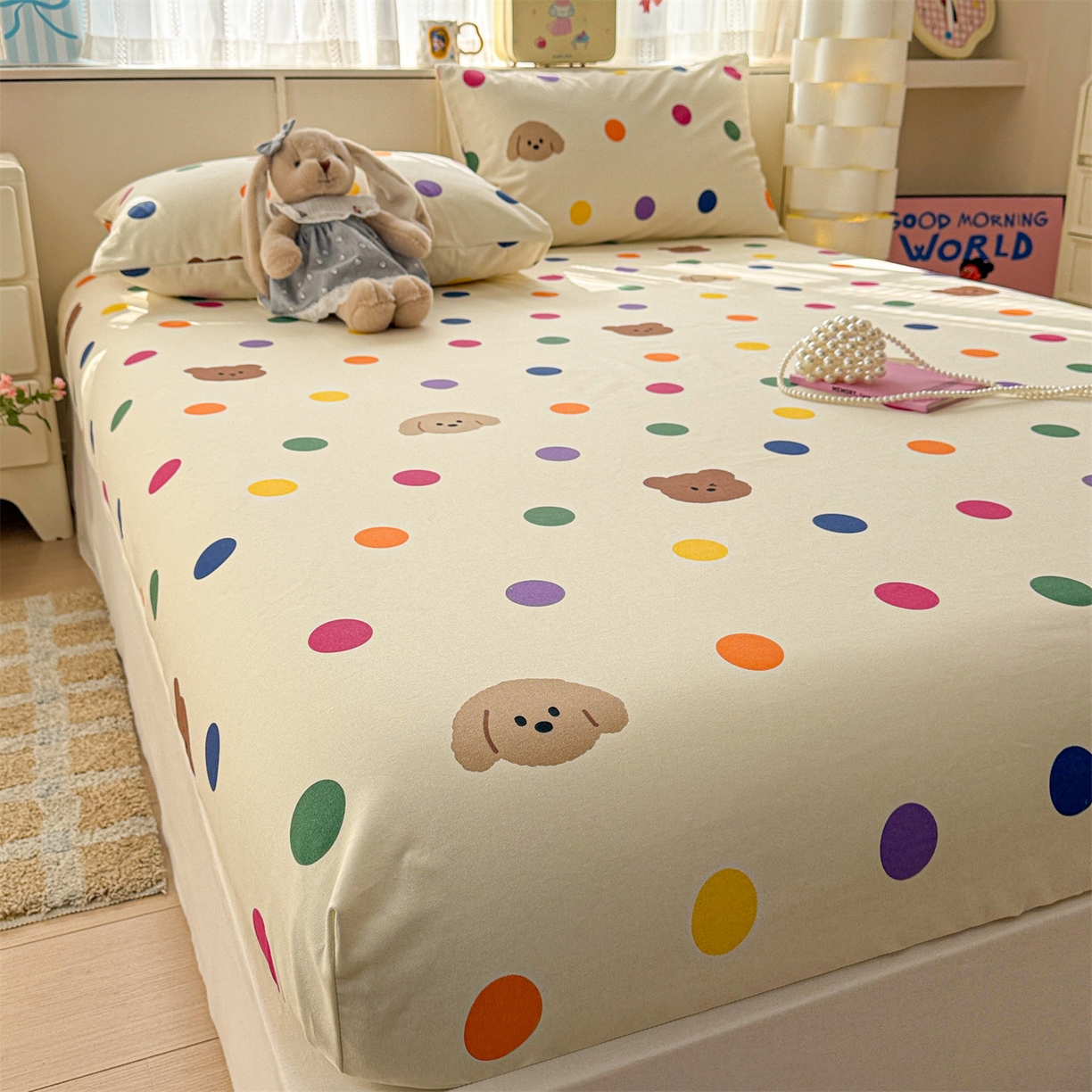 91家纺网 家纺一手货源 找家纺 名兮家居 2026春夏新款A类全棉纯棉老粗布床笠 床笠单件 彩色点点熊