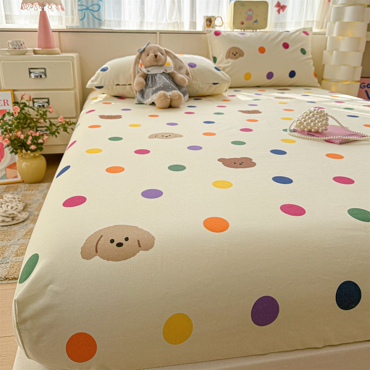 91家纺网 家纺一手货源 找家纺 名兮家居 2026春夏新款A类全棉纯棉老粗布床笠 床笠单件 彩色点点熊