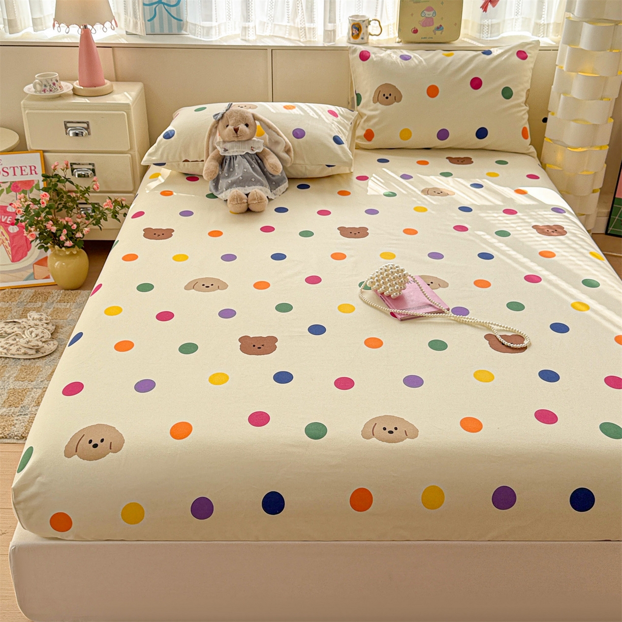 91家纺网 家纺一手货源 找家纺 名兮家居 2026春夏新款A类全棉纯棉老粗布床笠 床笠单件 彩色点点熊