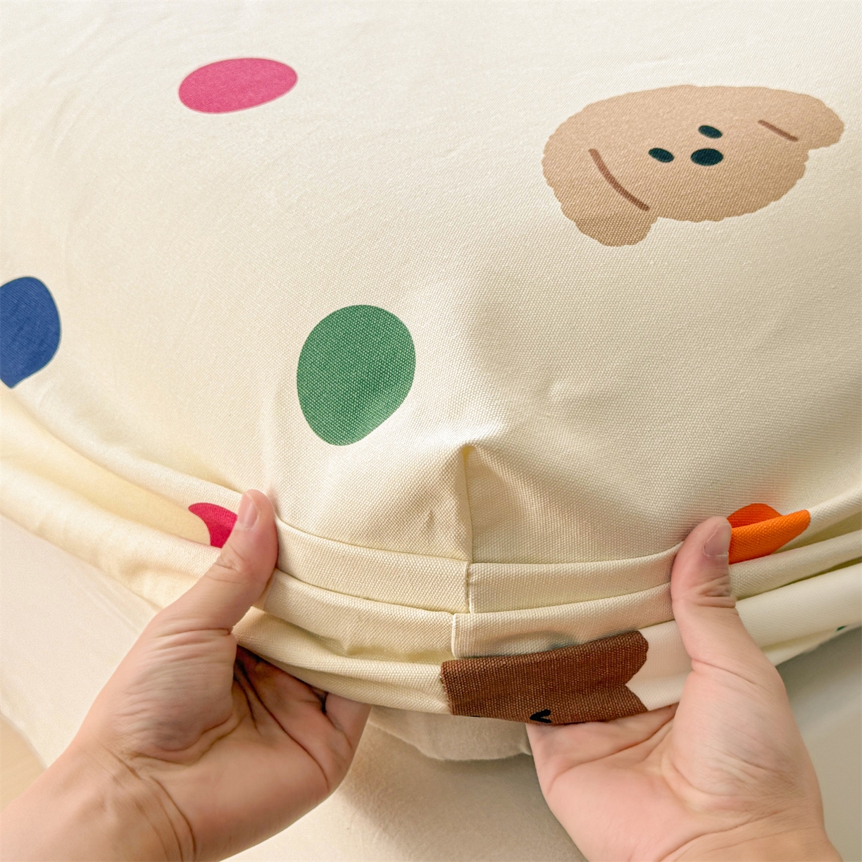 91家纺网 家纺一手货源 找家纺 名兮家居 2026春夏新款A类全棉纯棉老粗布床笠 床笠单件 彩色点点熊