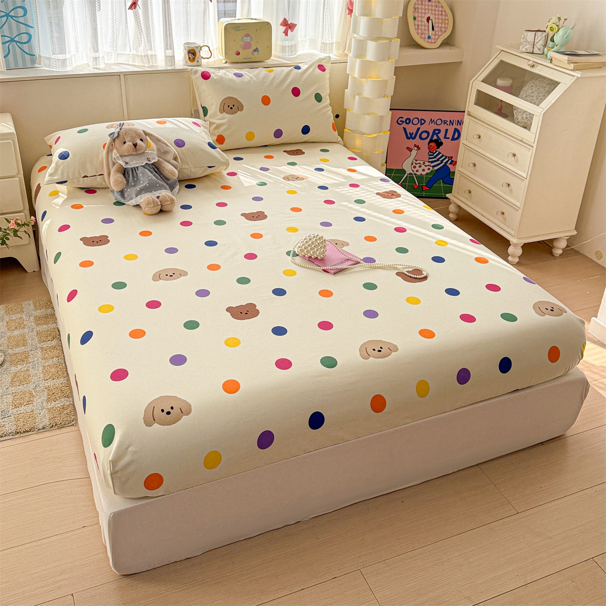 91家纺网 家纺一手货源 找家纺 名兮家居 2026春夏新款A类全棉纯棉老粗布床笠 床笠单件 彩色点点熊