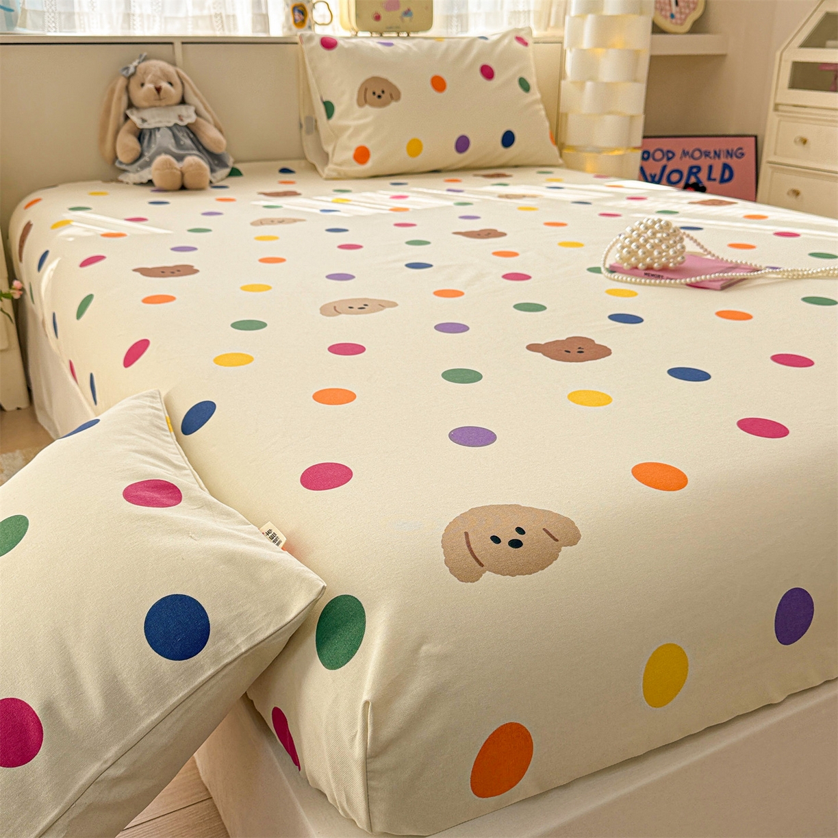 91家纺网 家纺一手货源 找家纺 名兮家居 2026春夏新款A类全棉纯棉老粗布床笠 床笠单件 彩色点点熊