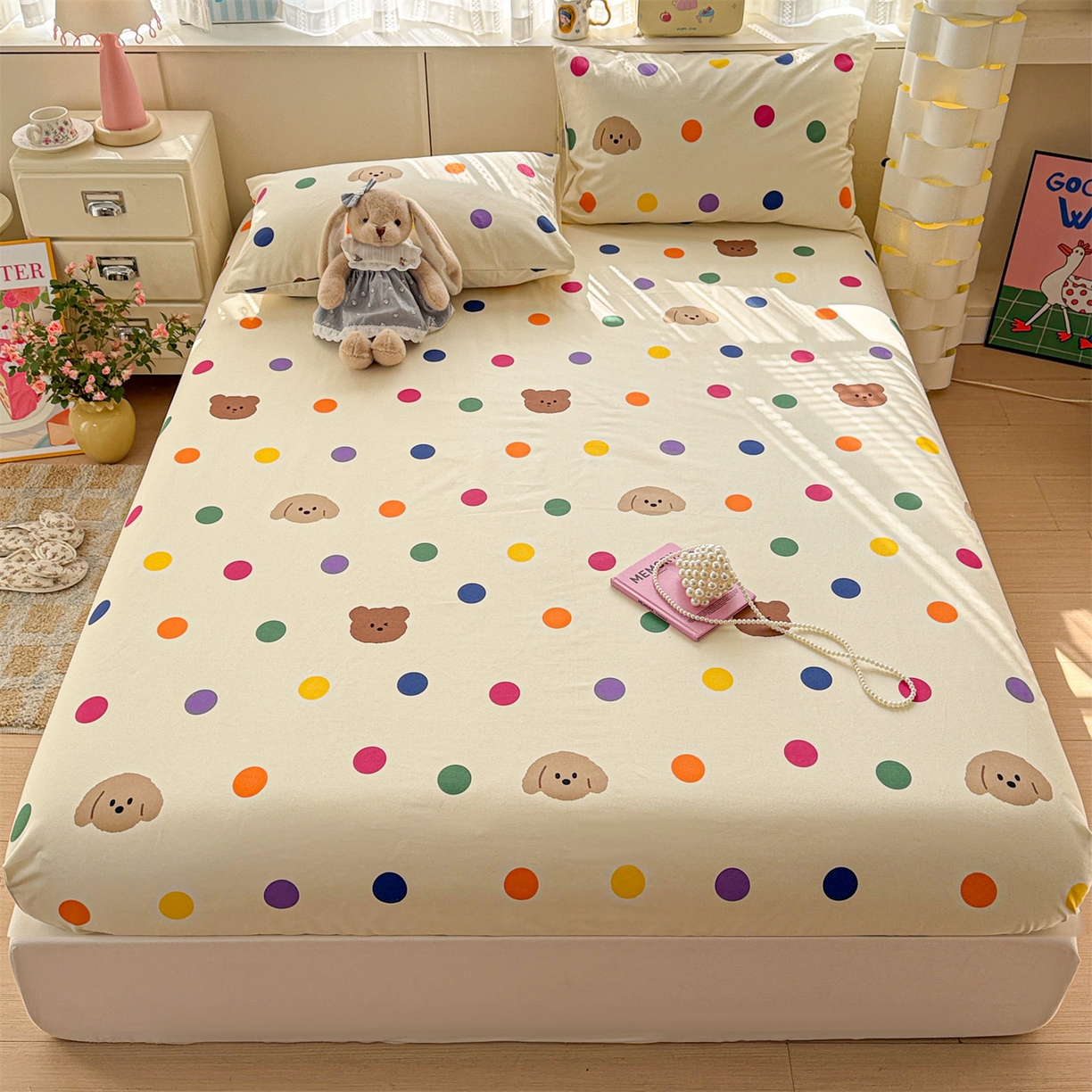 91家纺网 家纺一手货源 找家纺 名兮家居 2026春夏新款A类全棉纯棉老粗布床笠 床笠单件 彩色点点熊