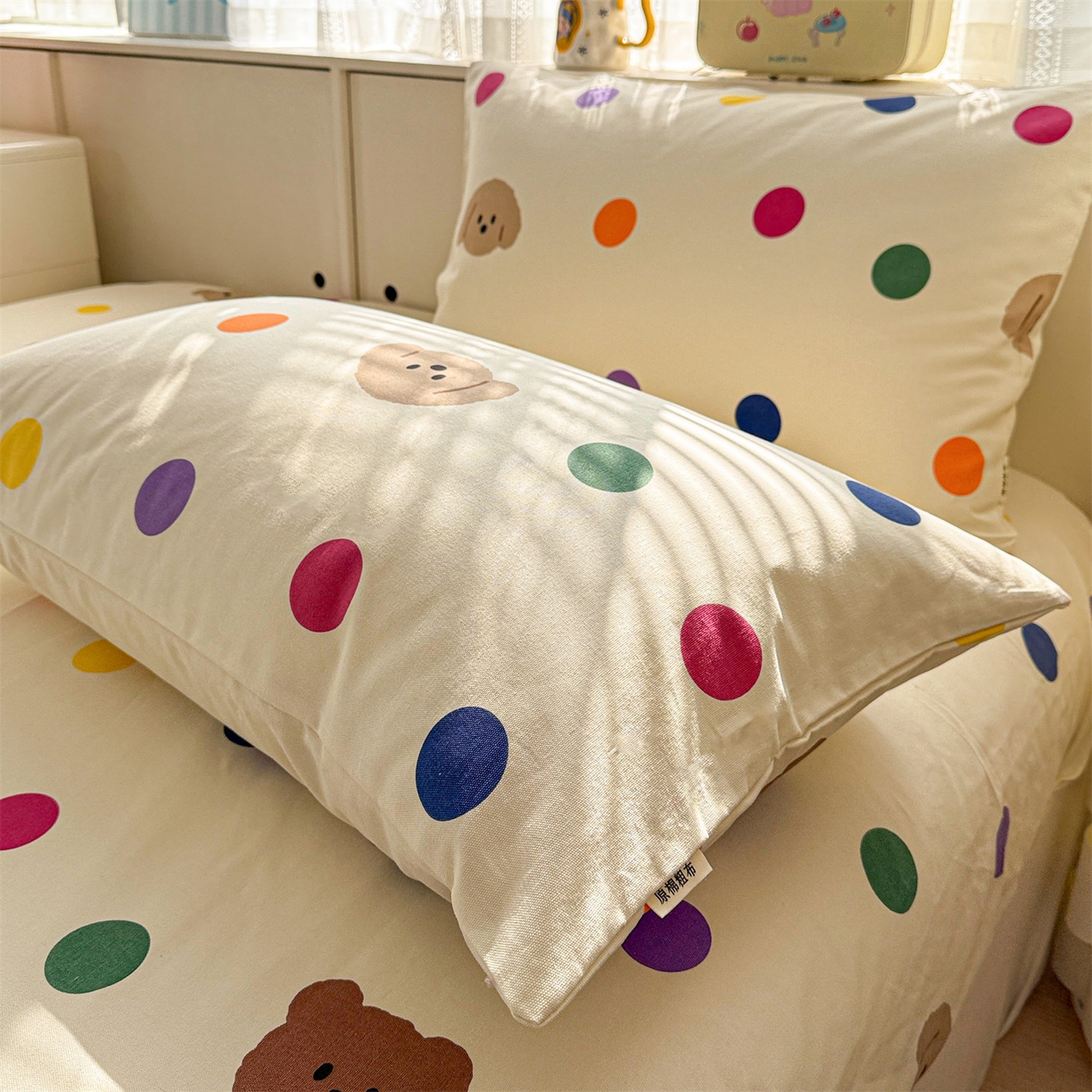 91家纺网 家纺一手货源 找家纺 名兮家居 2026春夏新款A类全棉纯棉老粗布床笠 床笠单件 彩色点点熊
