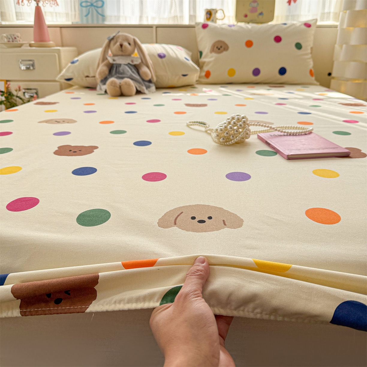 91家纺网 家纺一手货源 找家纺 名兮家居 2026春夏新款A类全棉纯棉老粗布床笠 床笠单件 彩色点点熊