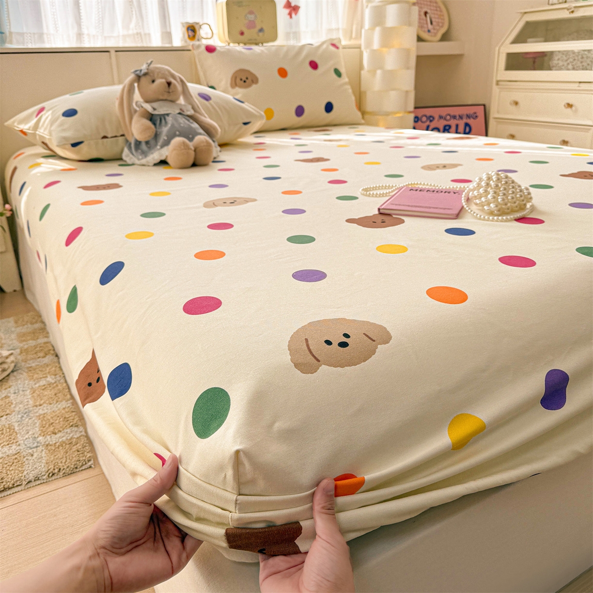 91家纺网 家纺一手货源 找家纺 名兮家居 2026春夏新款A类全棉纯棉老粗布床笠 床笠单件 彩色点点熊