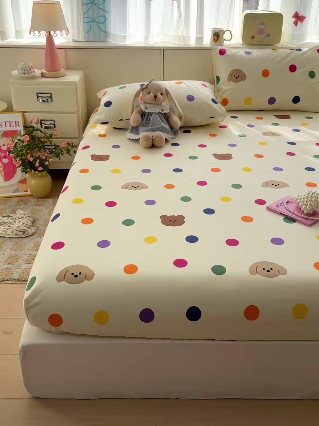 91家纺网 家纺一手货源 找家纺 名兮家居 2026春夏新款A类全棉纯棉老粗布床笠 床笠单件 彩色点点熊