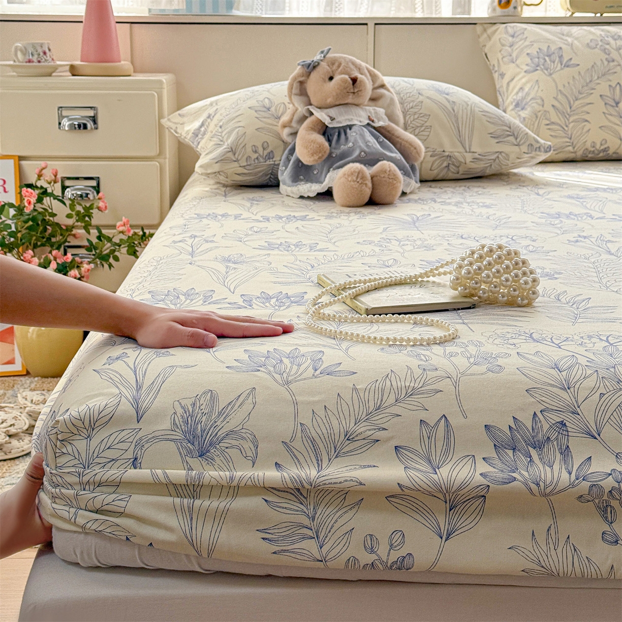 名兮家居 2026春夏新款A类全棉纯棉老粗布床笠 床笠单件 繁花-蓝