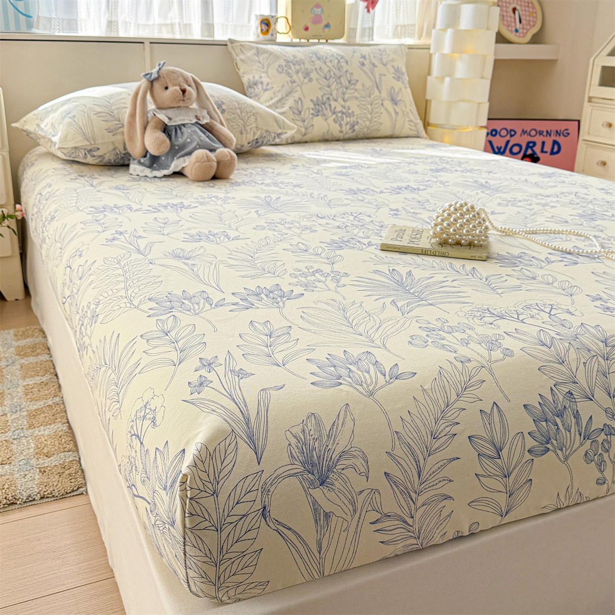 91家纺网 家纺一手货源 找家纺 名兮家居 2026春夏新款A类全棉纯棉老粗布床笠 床笠单件 繁花-蓝