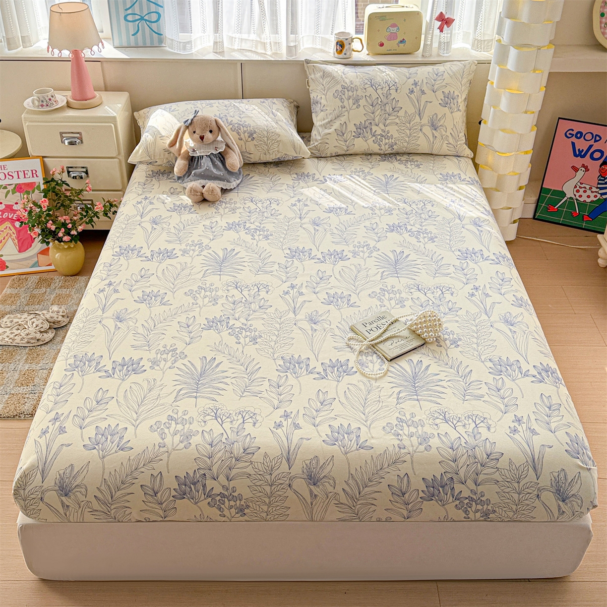 91家纺网 家纺一手货源 找家纺 名兮家居 2026春夏新款A类全棉纯棉老粗布床笠 床笠单件 繁花-蓝