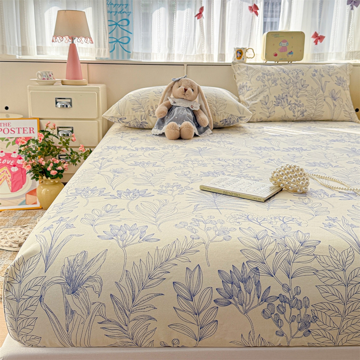 91家纺网 家纺一手货源 找家纺 名兮家居 2026春夏新款A类全棉纯棉老粗布床笠 床笠单件 繁花-蓝