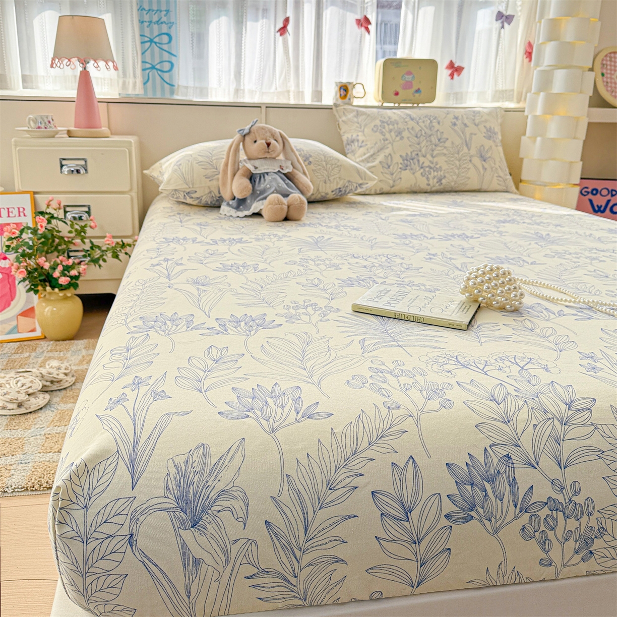 91家纺网 家纺一手货源 找家纺 名兮家居 2026春夏新款A类全棉纯棉老粗布床笠 床笠单件 繁花-蓝