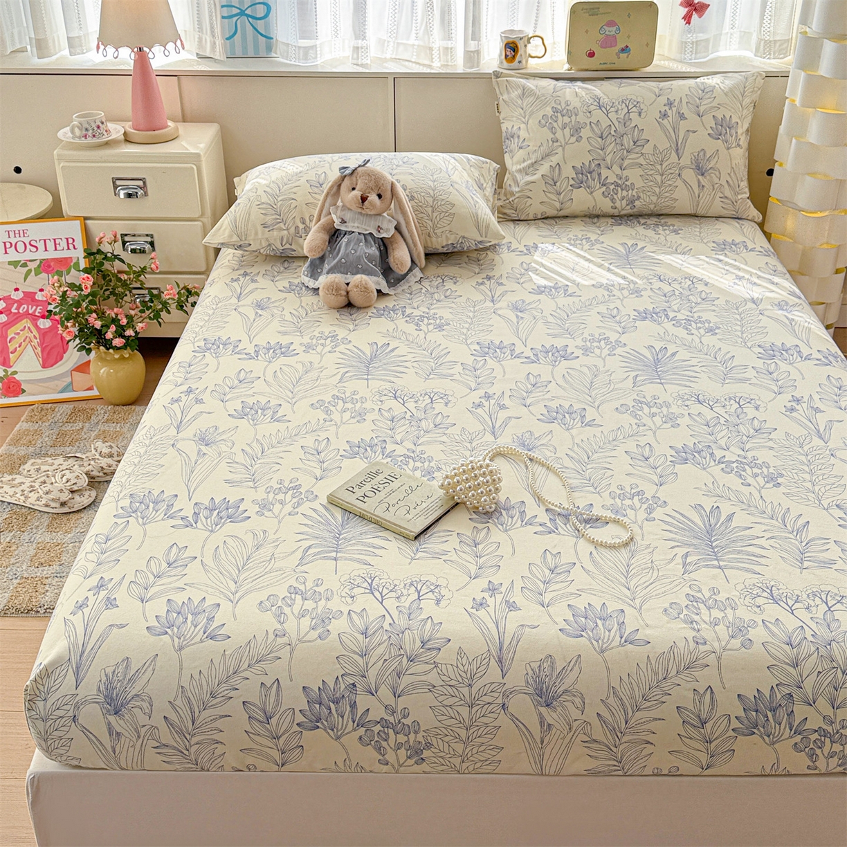 91家纺网 家纺一手货源 找家纺 名兮家居 2026春夏新款A类全棉纯棉老粗布床笠 床笠单件 繁花-蓝