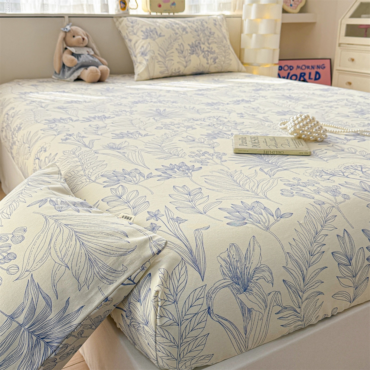 91家纺网 家纺一手货源 找家纺 名兮家居 2026春夏新款A类全棉纯棉老粗布床笠 床笠单件 繁花-蓝