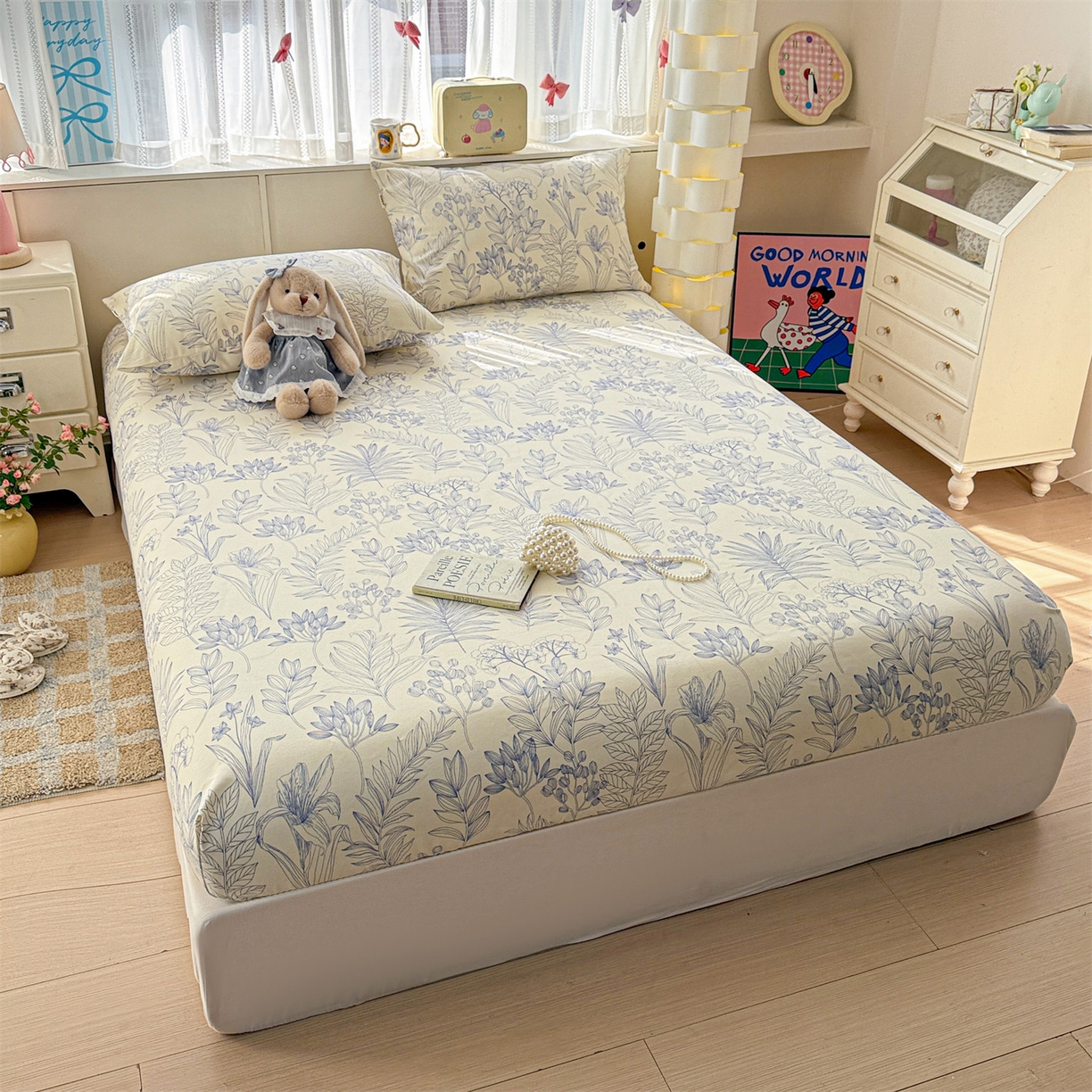 91家纺网 家纺一手货源 找家纺 名兮家居 2026春夏新款A类全棉纯棉老粗布床笠 床笠单件 繁花-蓝