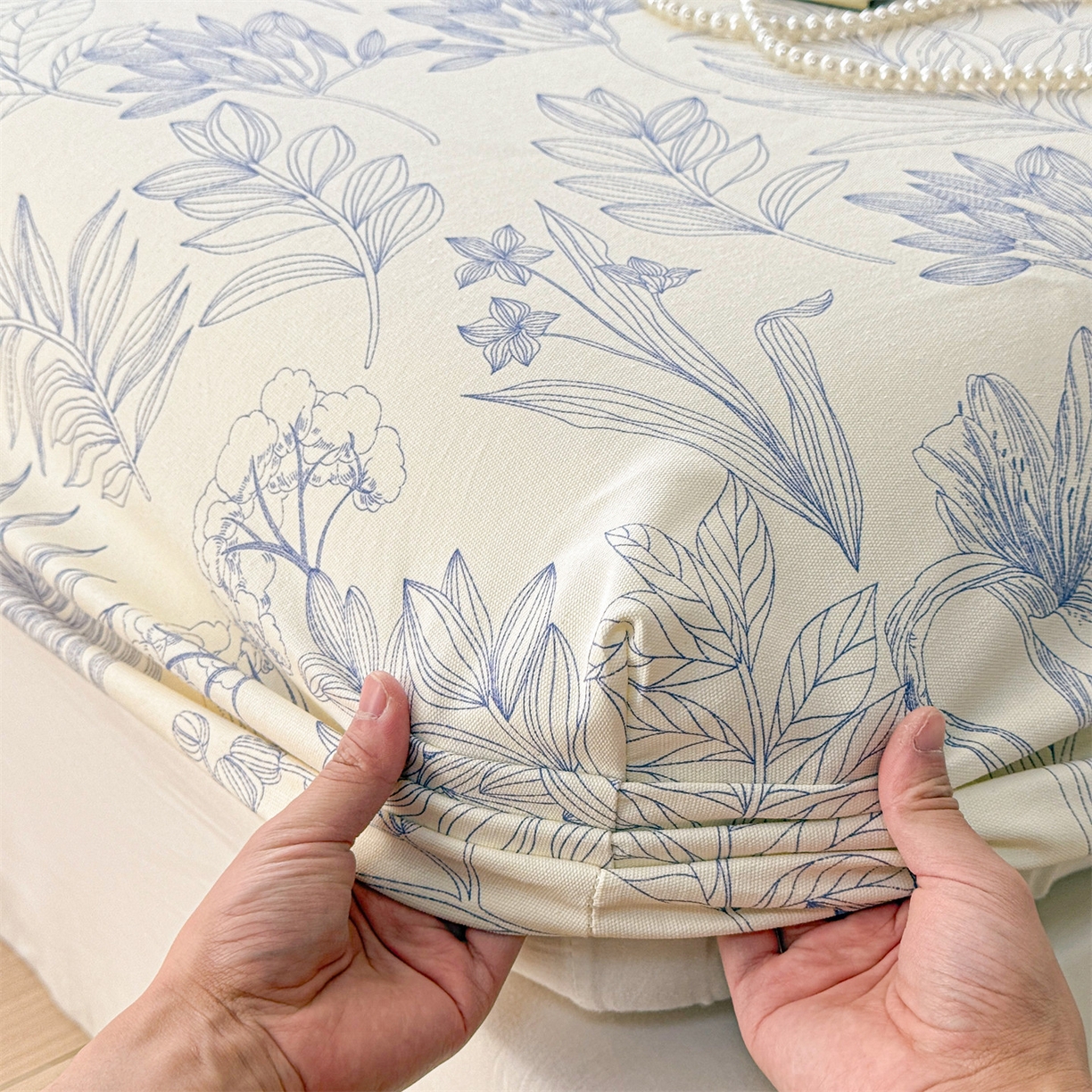 91家纺网 家纺一手货源 找家纺 名兮家居 2026春夏新款A类全棉纯棉老粗布床笠 床笠单件 繁花-蓝