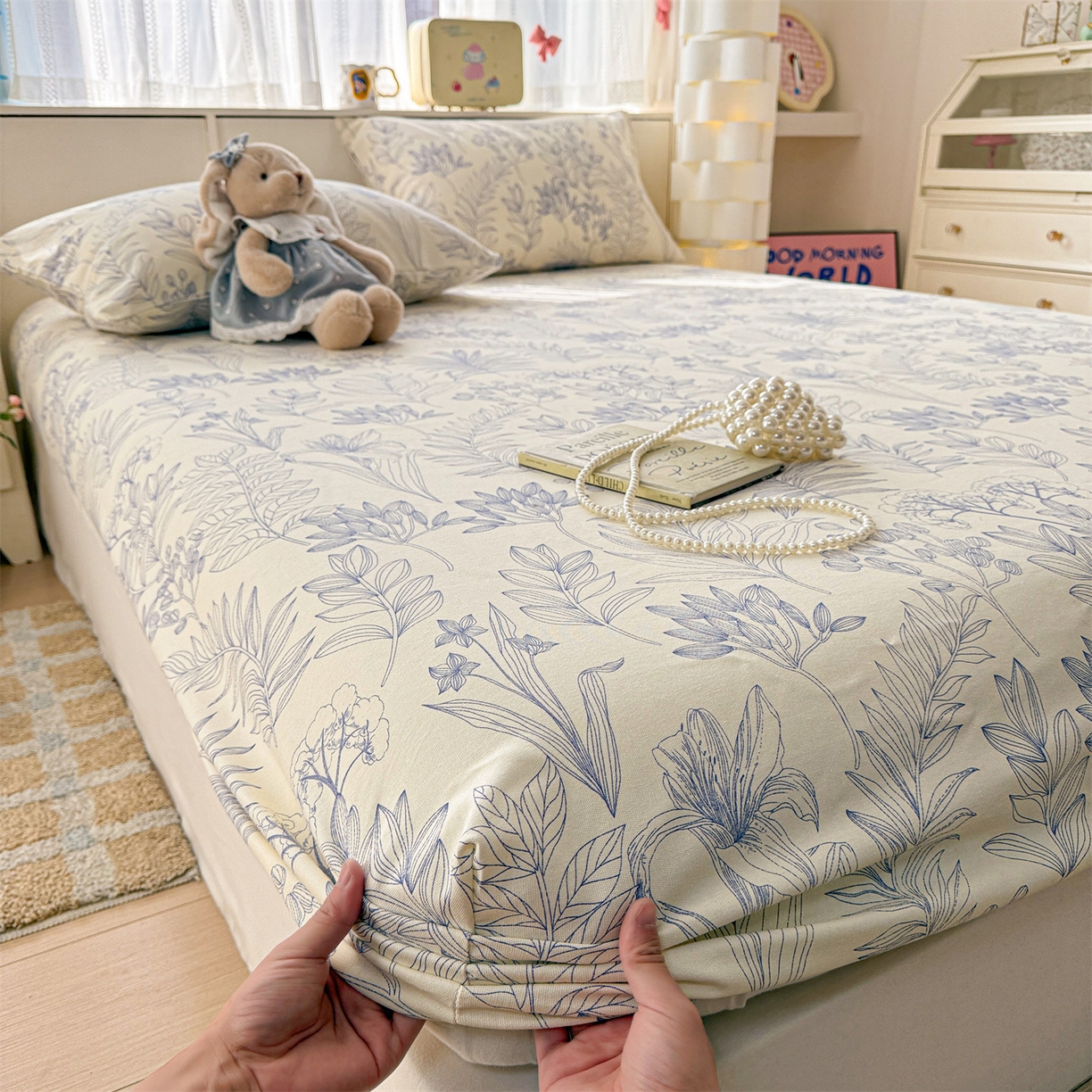 91家纺网 家纺一手货源 找家纺 名兮家居 2026春夏新款A类全棉纯棉老粗布床笠 床笠单件 繁花-蓝