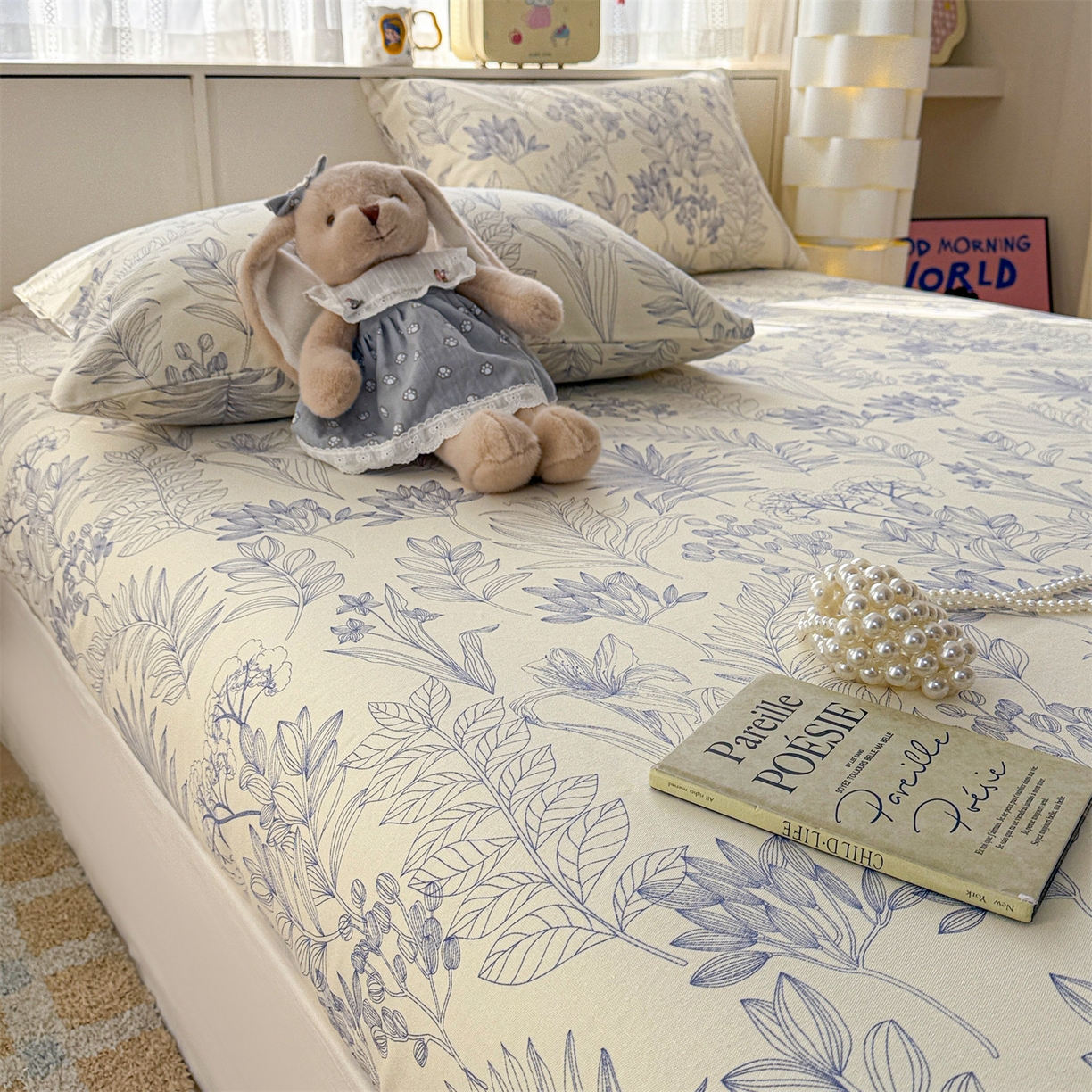 91家纺网 家纺一手货源 找家纺 名兮家居 2026春夏新款A类全棉纯棉老粗布床笠 床笠单件 繁花-蓝