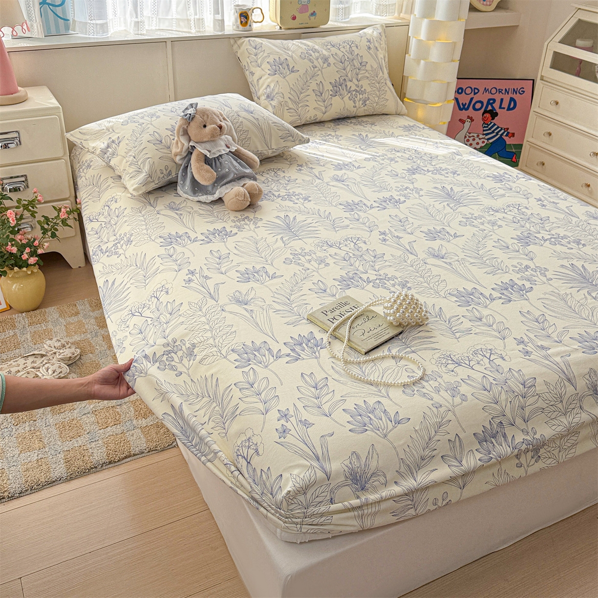 91家纺网 家纺一手货源 找家纺 名兮家居 2026春夏新款A类全棉纯棉老粗布床笠 床笠单件 繁花-蓝
