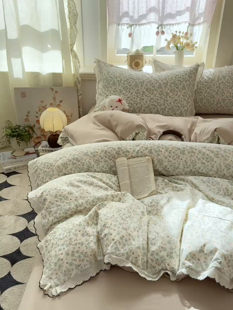 91家纺网 家纺一手货源 找家纺 （总）梦忧草 2026新款春夏新款法式花边小清新四件套仿棉云感纱三件套单被套单件