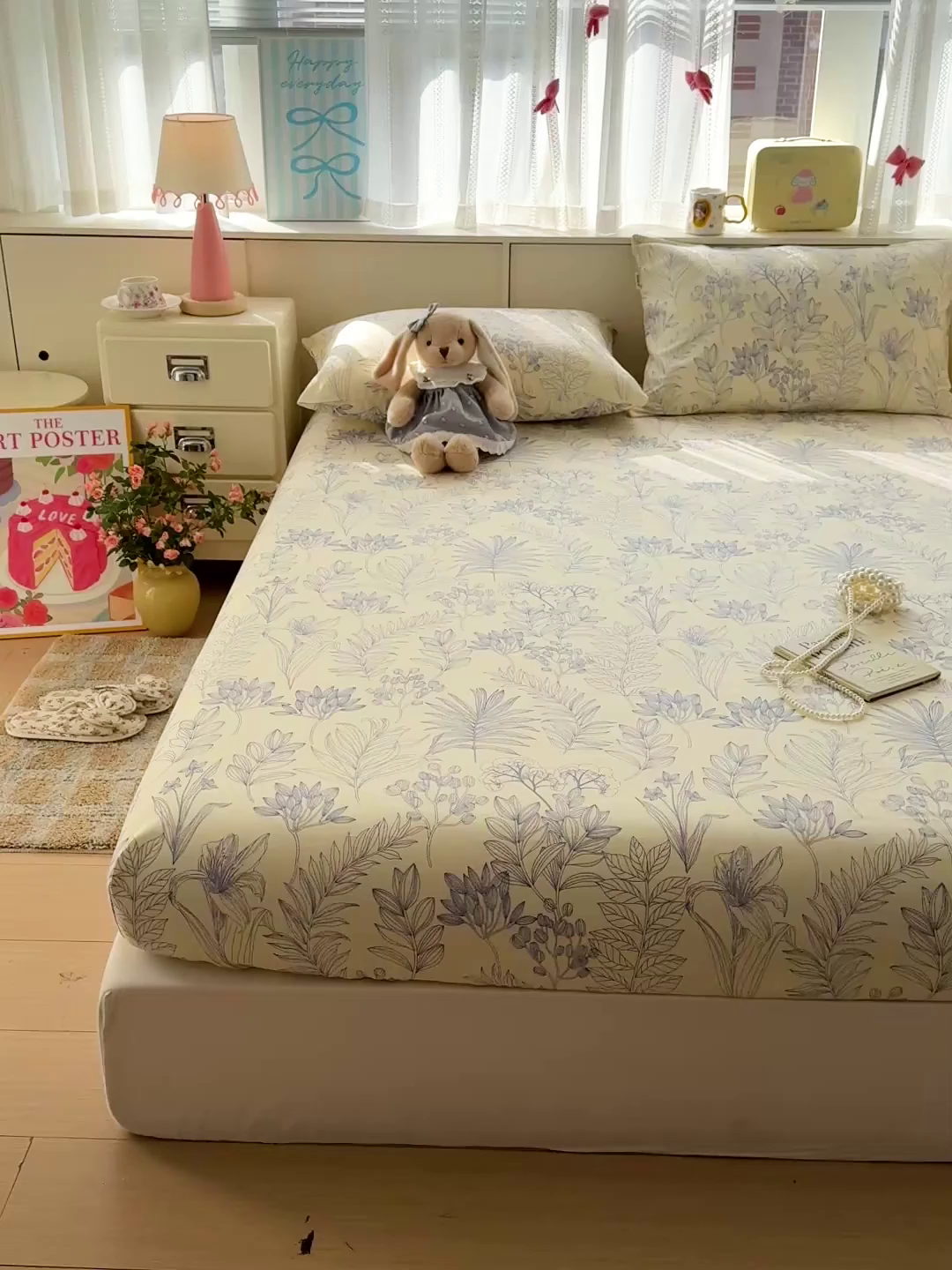 91家纺网 家纺一手货源 找家纺 名兮家居 2026春夏新款A类全棉纯棉老粗布床笠 床笠单件 繁花-蓝