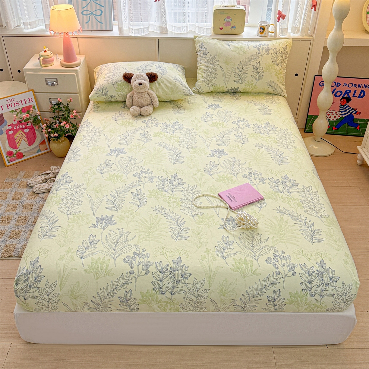 91家纺网 家纺一手货源 找家纺 名兮家居 2026春夏新款A类全棉纯棉老粗布床笠 床笠单件 繁花-绿