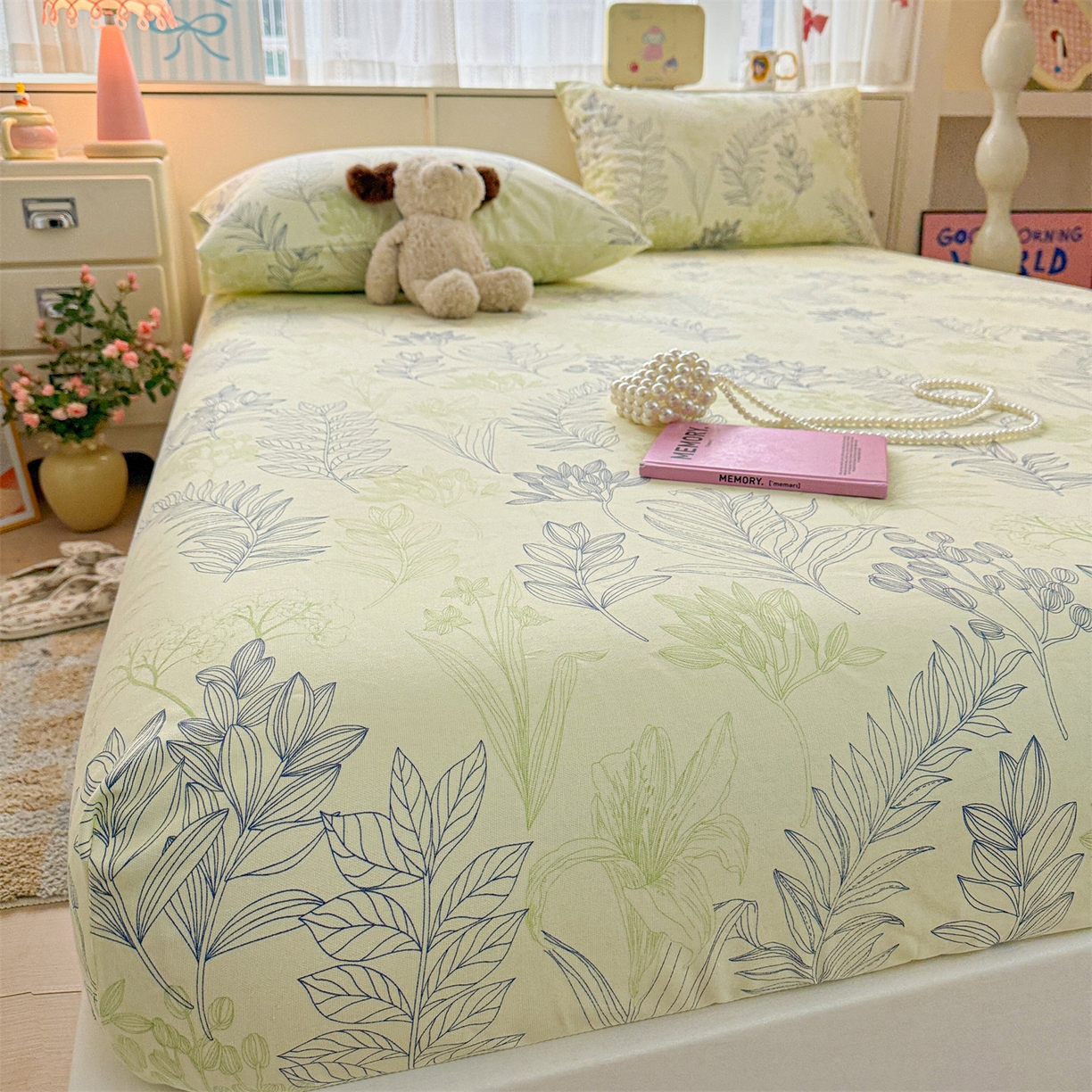 91家纺网 家纺一手货源 找家纺 名兮家居 2026春夏新款A类全棉纯棉老粗布床笠 床笠单件 繁花-绿