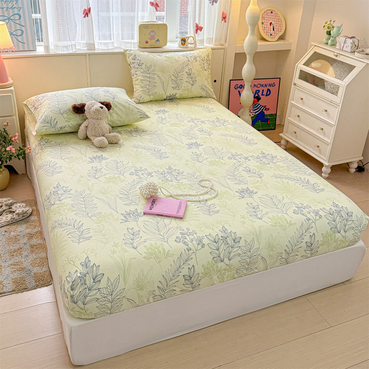 91家纺网 家纺一手货源 找家纺 名兮家居 2026春夏新款A类全棉纯棉老粗布床笠 床笠单件 繁花-绿