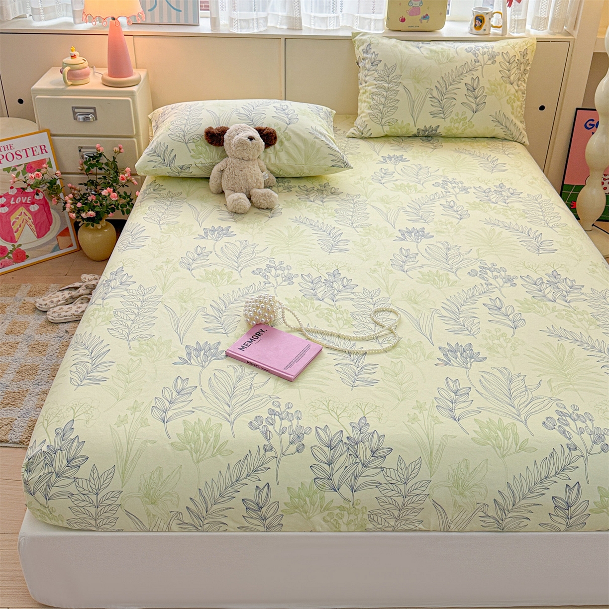 91家纺网 家纺一手货源 找家纺 名兮家居 2026春夏新款A类全棉纯棉老粗布床笠 床笠单件 繁花-绿